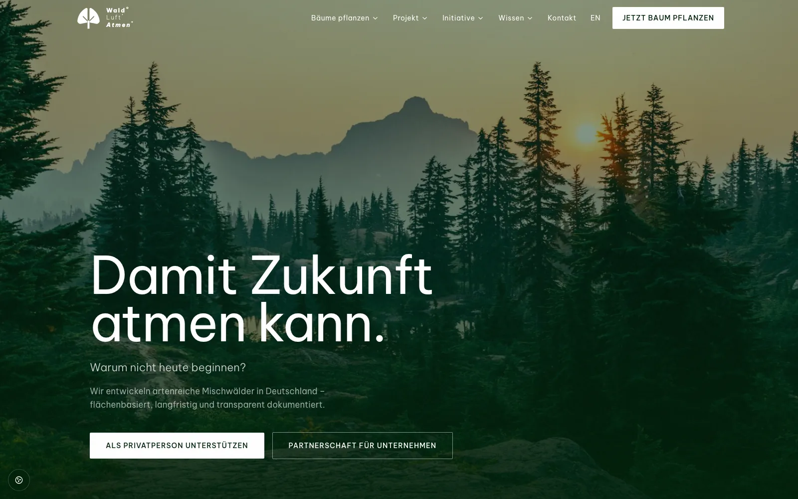 Screenshot der Website Wald Luft Atmen